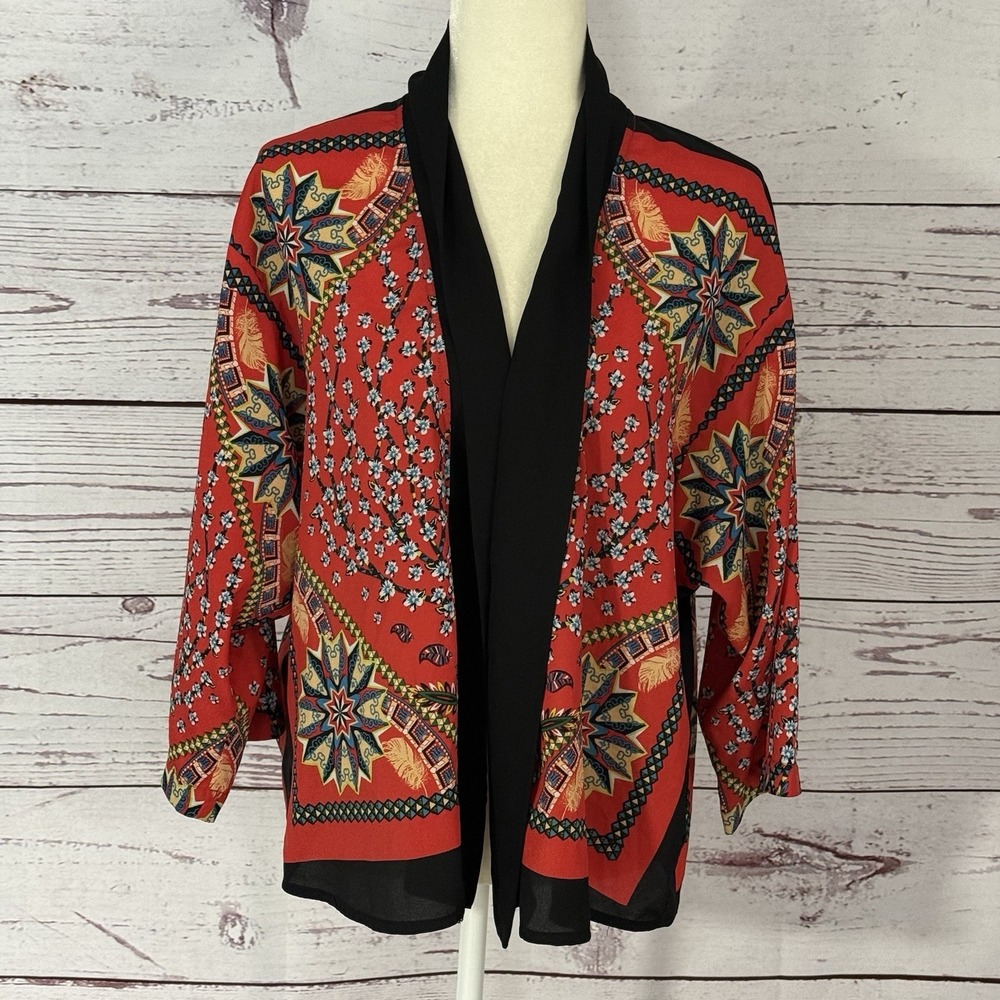 Love Tree Cardigan Womens Size L Red Black Floral Geometric Print‎ Open KImono